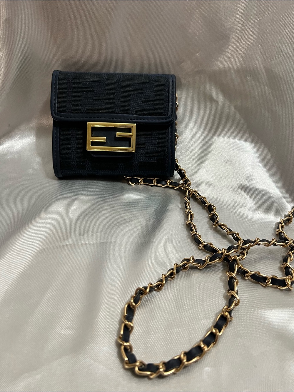 Compact Black Mini Crossbody with Gold Chain and Signature Plaque